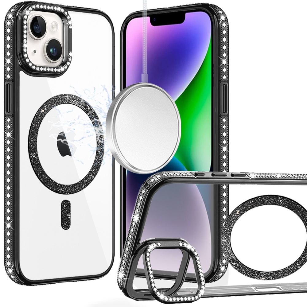 for iphone 13/14 luxury diamond edged magnetic glitter circle hybrid with camera stand black