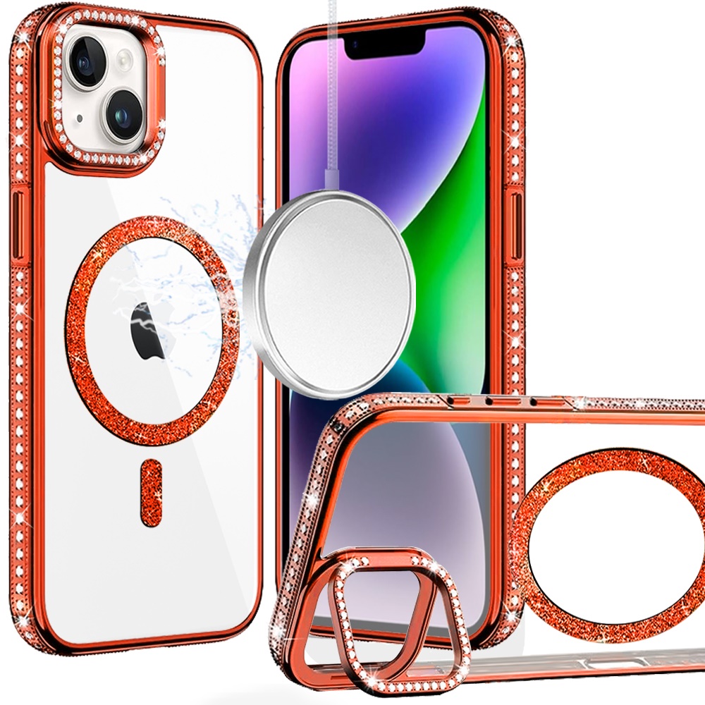 for iphone 13/14 luxury diamond edged magnetic glitter circle hybrid with camera stand orange