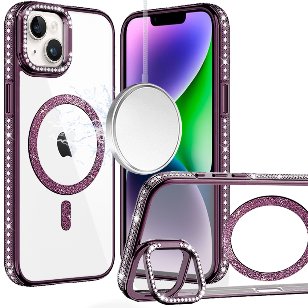 for iphone 13/14 luxury diamond edged magnetic glitter circle hybrid with camera stand dark purple