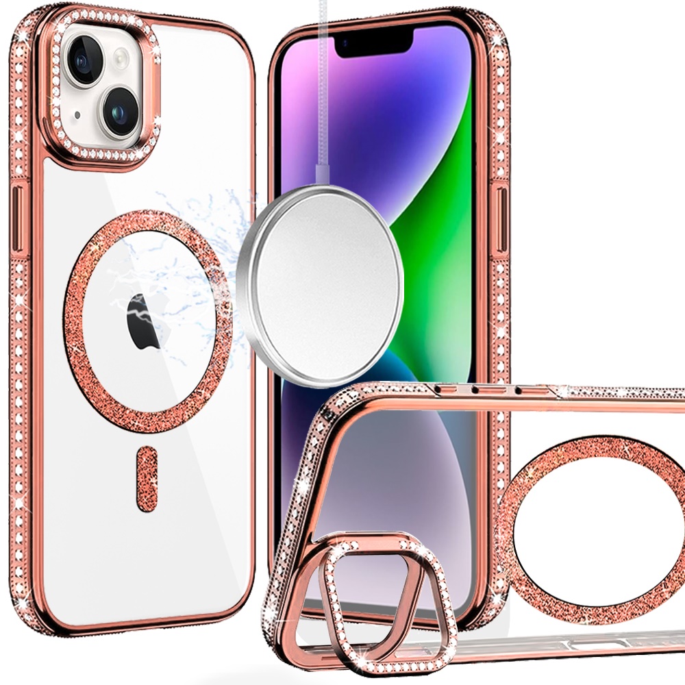 for iphone 13/14 luxury diamond edged magnetic glitter circle hybrid with camera stand rose gold