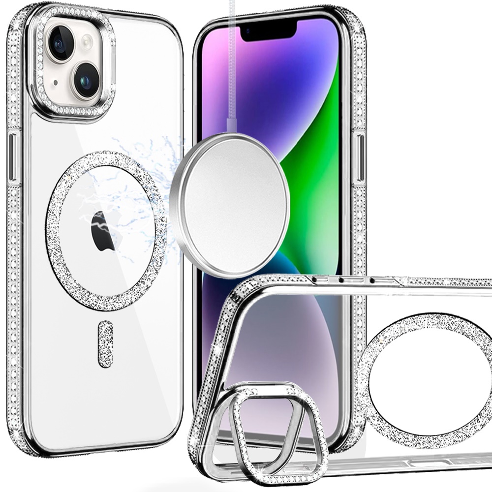 for iphone 13/14 luxury diamond edged magnetic glitter circle hybrid with camera stand silver