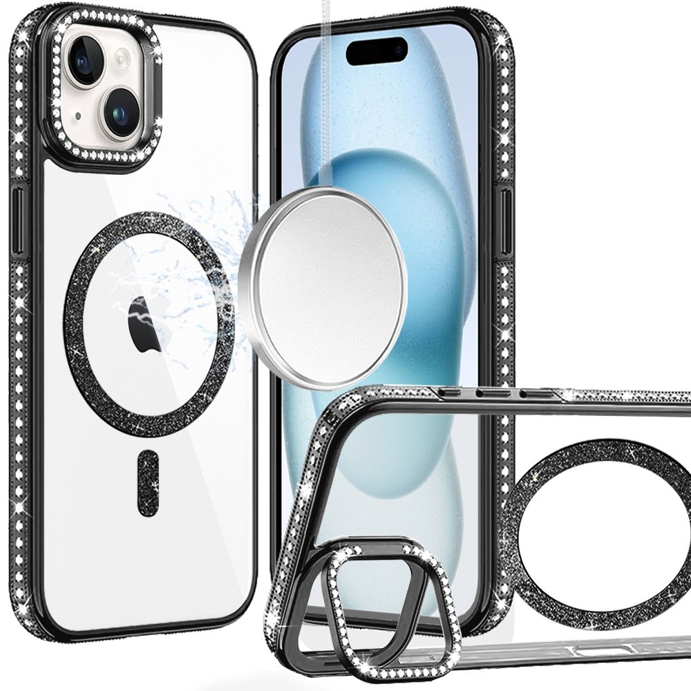 for iphone 15 luxury diamond edged magnetic glitter circle hybrid with camera stand black
