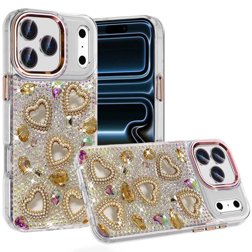 for iphone 17 pro max luxury crystal heart rhinestones diamond bling hybrid case gold