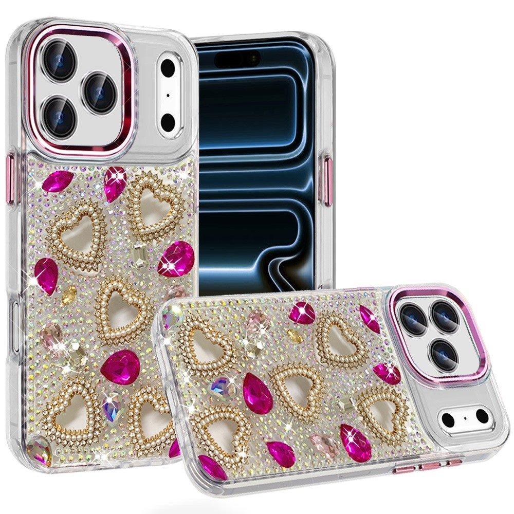 for iphone 17 pro max luxury crystal heart rhinestones diamond bling hybrid case hot pink