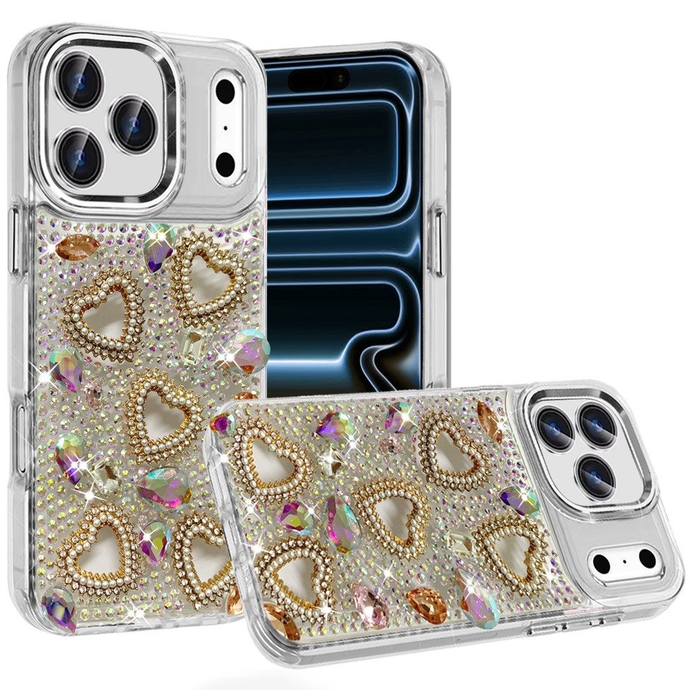 for iphone 17 pro max luxury crystal heart rhinestones diamond bling hybrid case multicolor