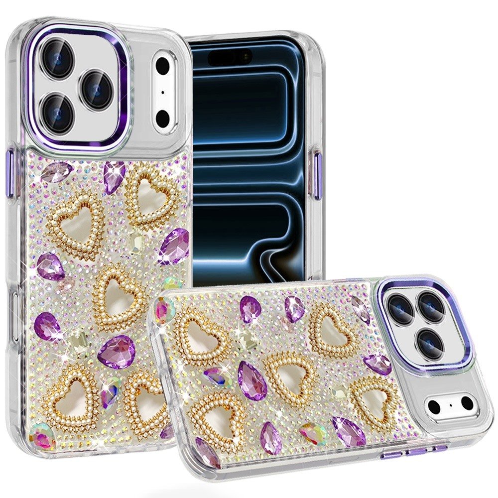 for iphone 17 pro max luxury crystal heart rhinestones diamond bling hybrid case dark purple