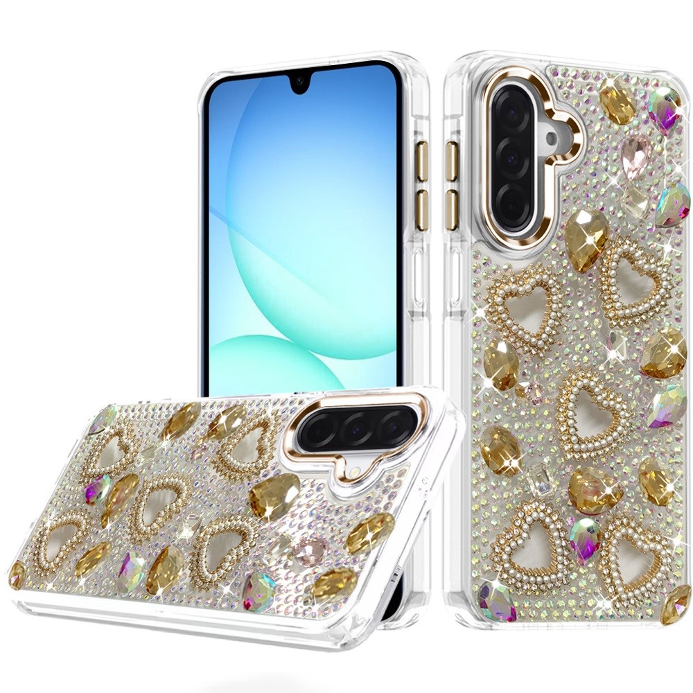 for samsung a17 5g luxury crystal heart rhinestones diamond bling hybrid case gold
