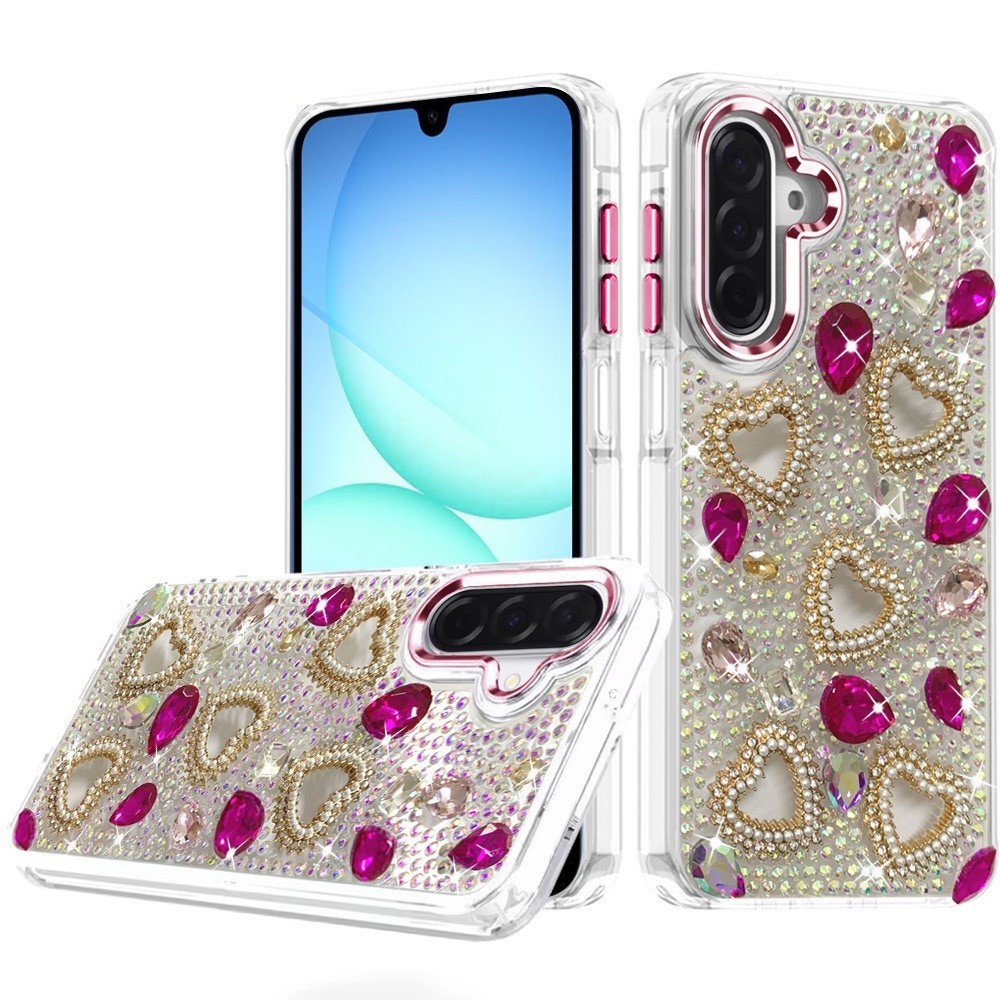 for samsung a17 5g luxury crystal heart rhinestones diamond bling hybrid case hot pink