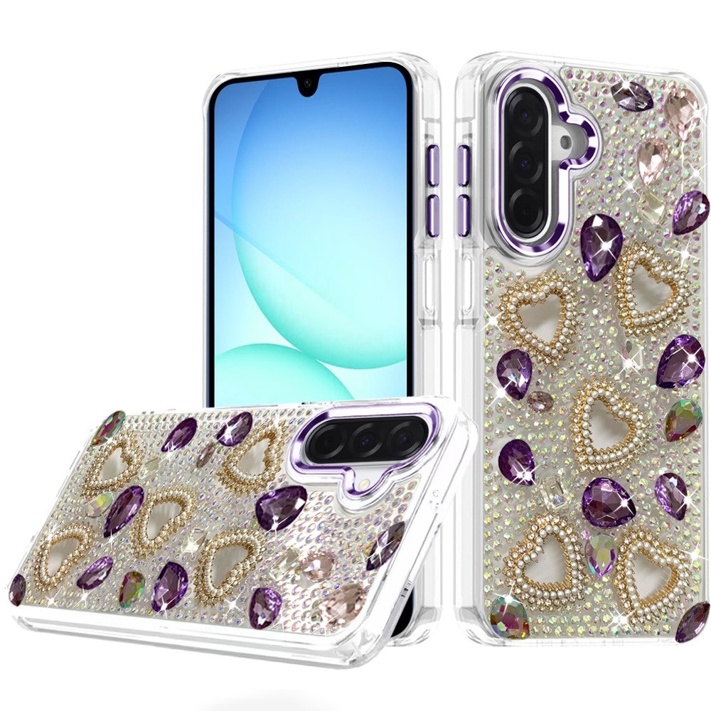 for samsung a17 5g luxury crystal heart rhinestones diamond bling hybrid case dark purple