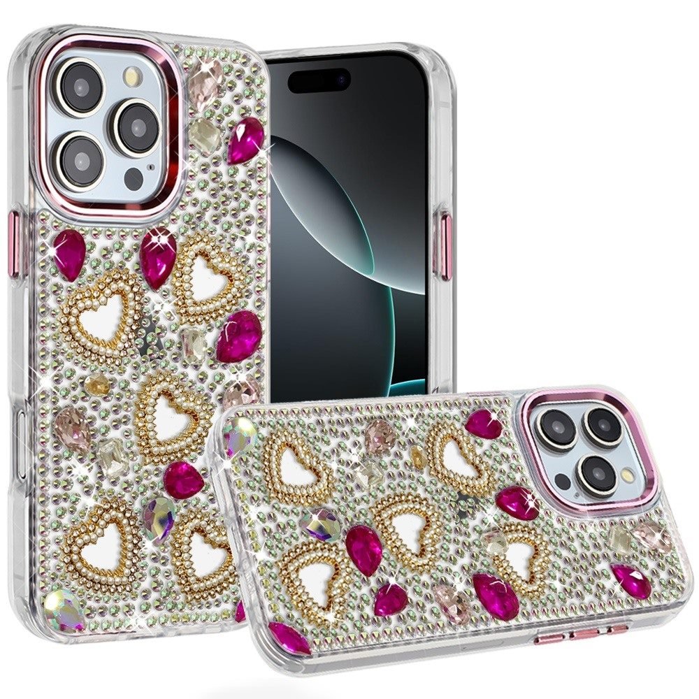 for iphone 16 pro max 6.9 luxury crystal heart rhinestones diamond bling hybrid case hot pink