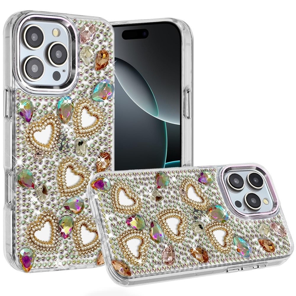 for iphone 16 pro max 6.9 luxury crystal heart rhinestones diamond bling hybrid case multicolor