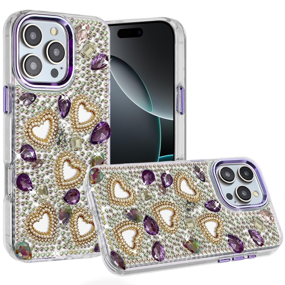 for iphone 16 pro max 6.9 luxury crystal heart rhinestones diamond bling hybrid case dark purple