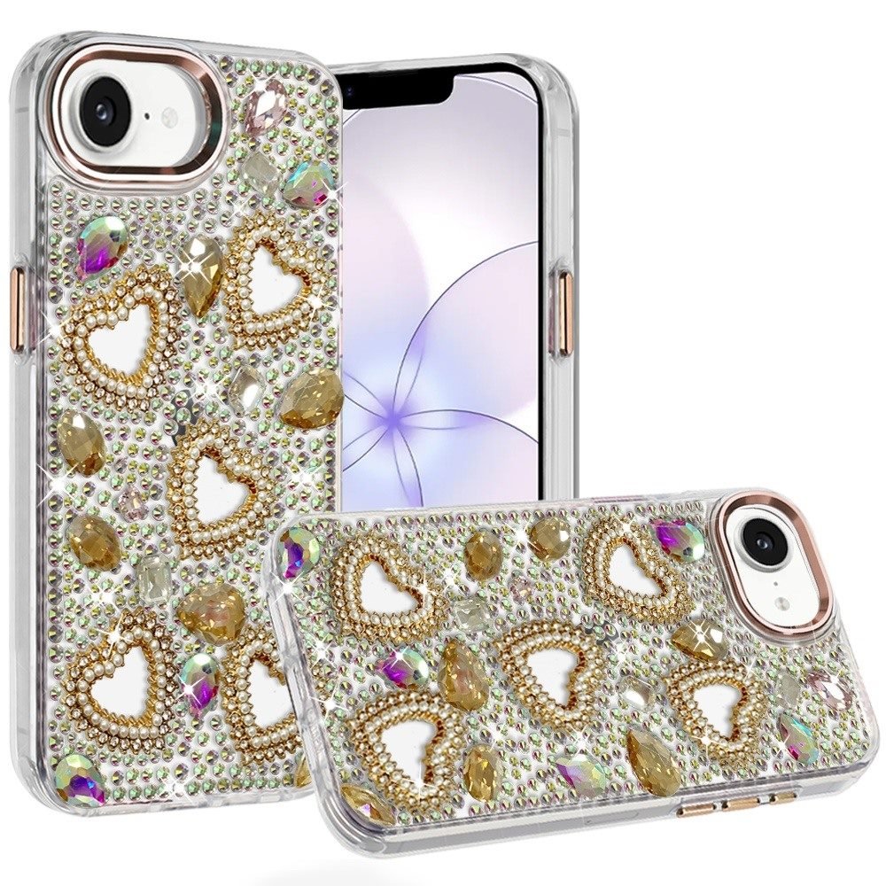for iphone 16e (e edition) / se4 (2025) luxury crystal heart rhinestones diamond bling hybrid case gold