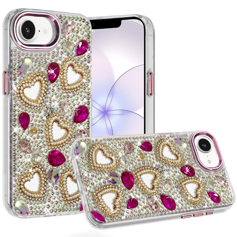 for iphone 16e (e edition) / se4 (2025) luxury crystal heart rhinestones diamond bling hybrid case hot pink