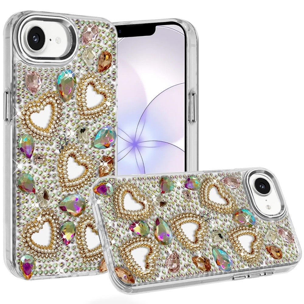 for iphone 16e (e edition) / se4 (2025) luxury crystal heart rhinestones diamond bling hybrid case multicolor
