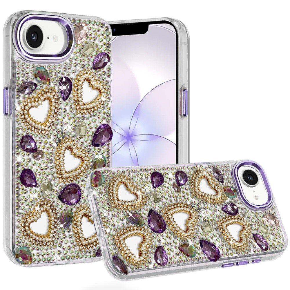 for iphone 16e (e edition) / se4 (2025) luxury crystal heart rhinestones diamond bling hybrid case dark purple