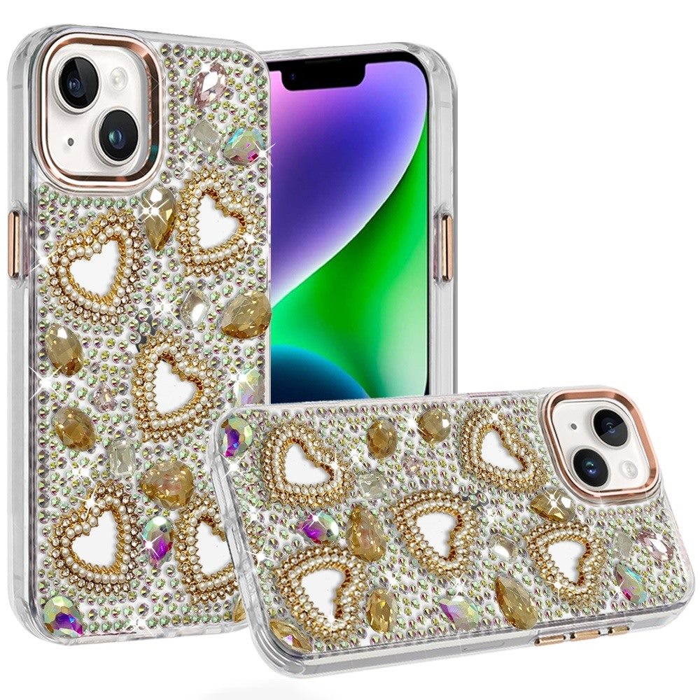 for iphone 13/14 luxury crystal heart rhinestones diamond bling hybrid case gold