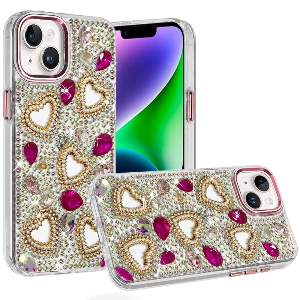 for iphone 13/14 luxury crystal heart rhinestones diamond bling hybrid case hot pink