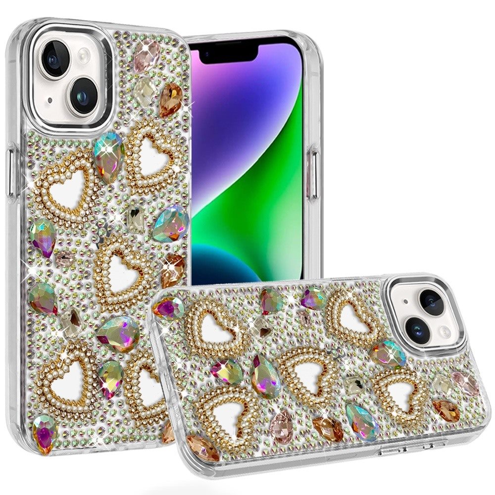 for iphone 13/14 luxury crystal heart rhinestones diamond bling hybrid case multicolor