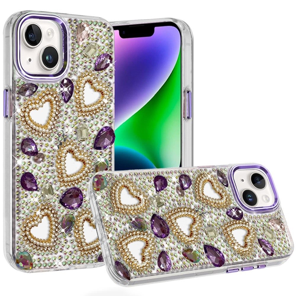 for iphone 13/14 luxury crystal heart rhinestones diamond bling hybrid case dark purple