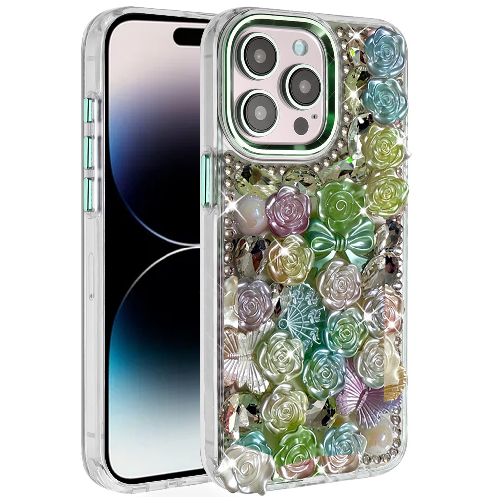 for iphone 14 pro max 6.7" muti color floral bling stones ornaments case green