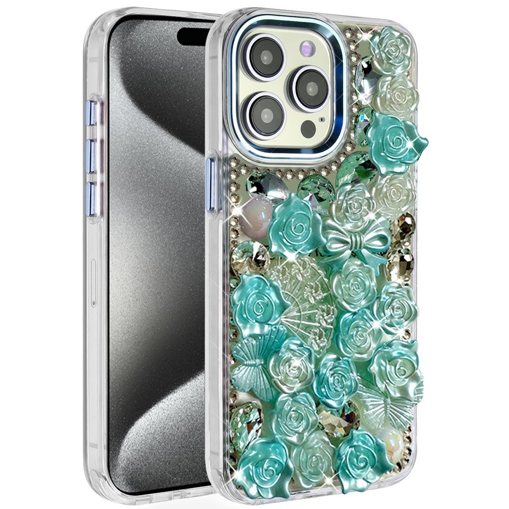 for ip15 pro max muti color floral bling stones ornaments case blue
