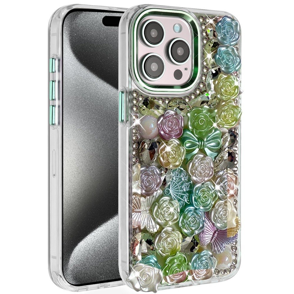 for ip15 pro max muti color floral bling stones ornaments case green