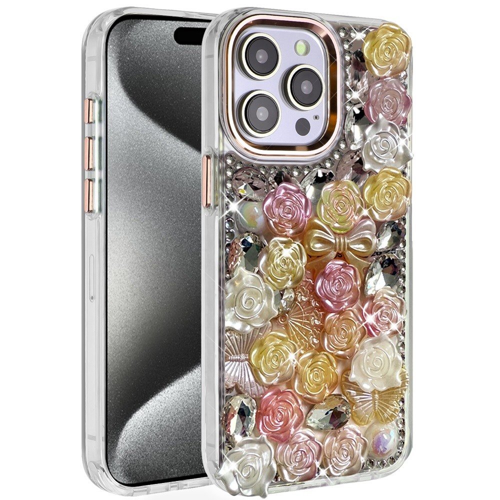 for ip15 pro max muti color floral bling stones ornaments case orange