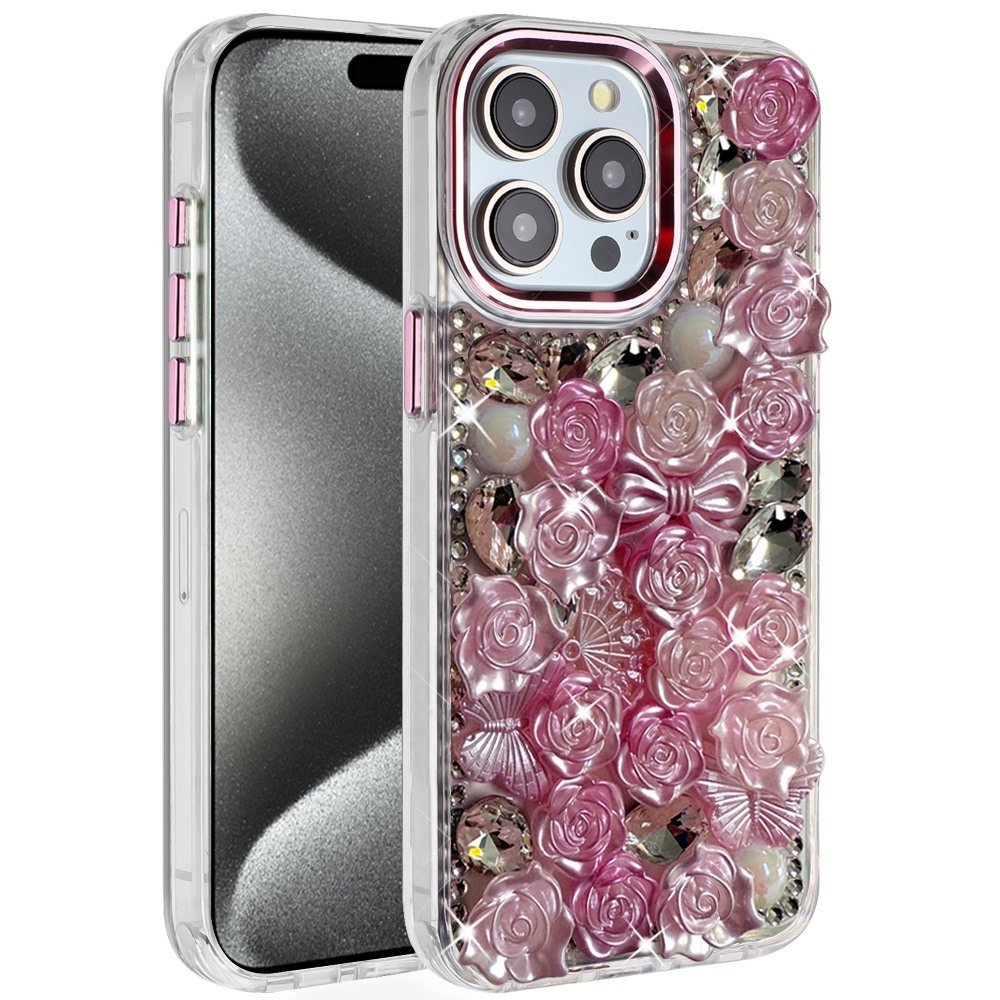 for ip15 pro max muti color floral bling stones ornaments case pink
