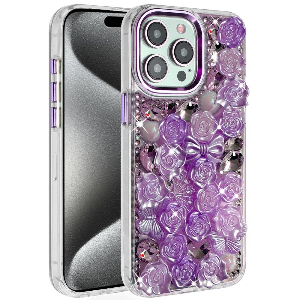 for ip15 pro max muti color floral bling stones ornaments case purple