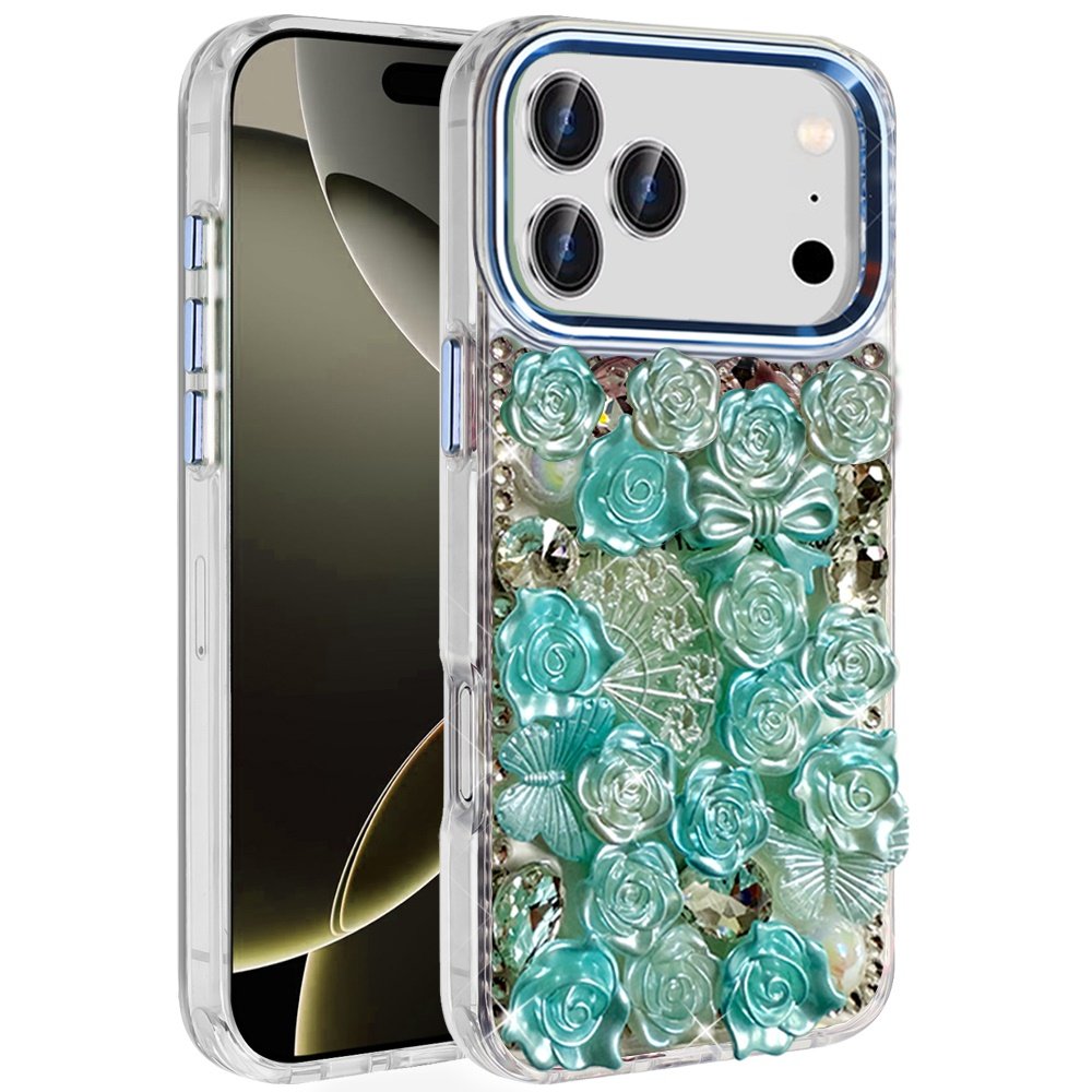 for iphone 17 pro muti color floral bling stones ornaments case blue