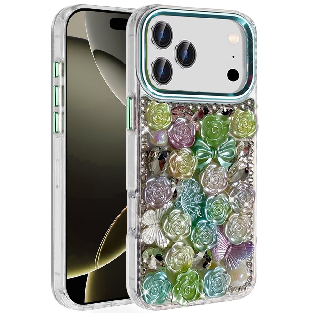 for iphone 17 pro muti color floral bling stones ornaments case green