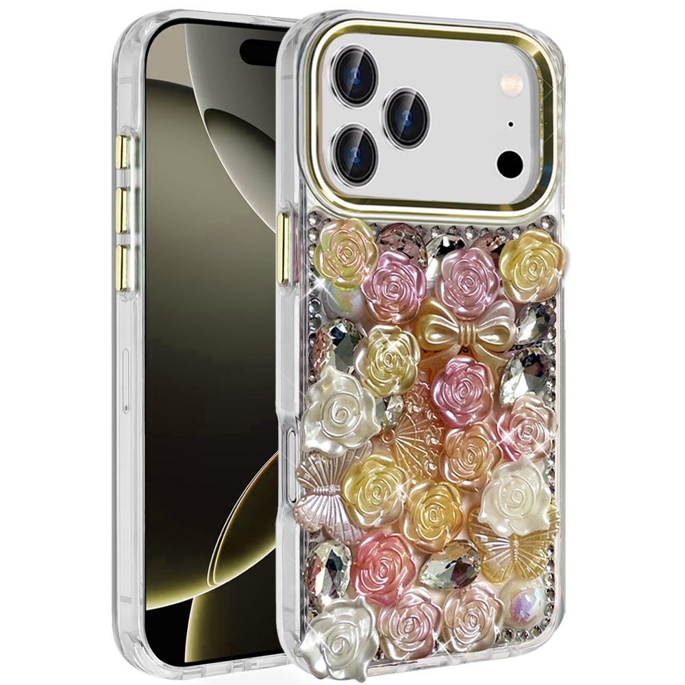 for iphone 17 pro muti color floral bling stones ornaments case orange