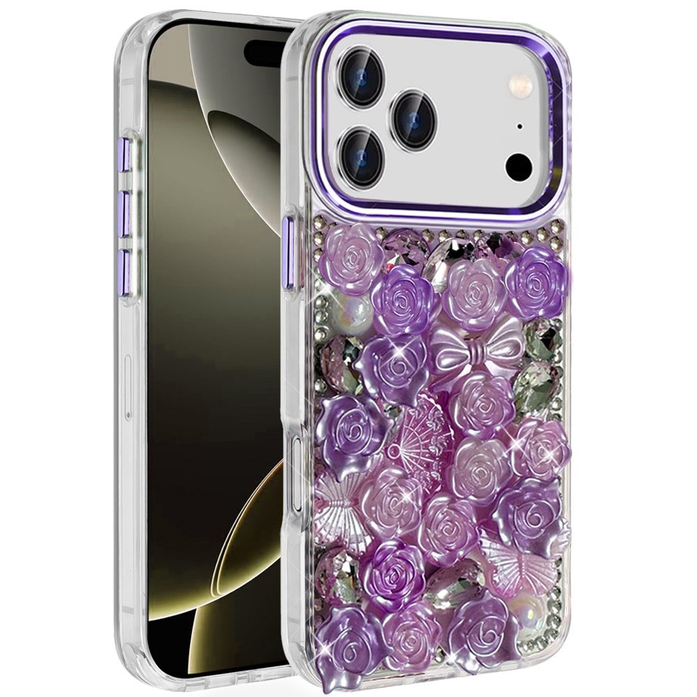 for iphone 17 pro muti color floral bling stones ornaments case purple