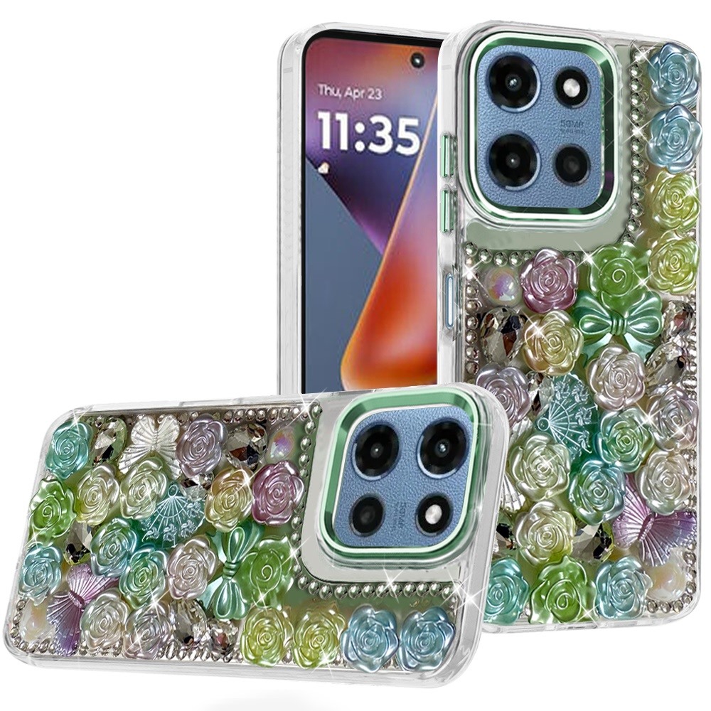 for moto g 5g 2025/2026 g play 2026 muti color floral bling stones ornaments case green