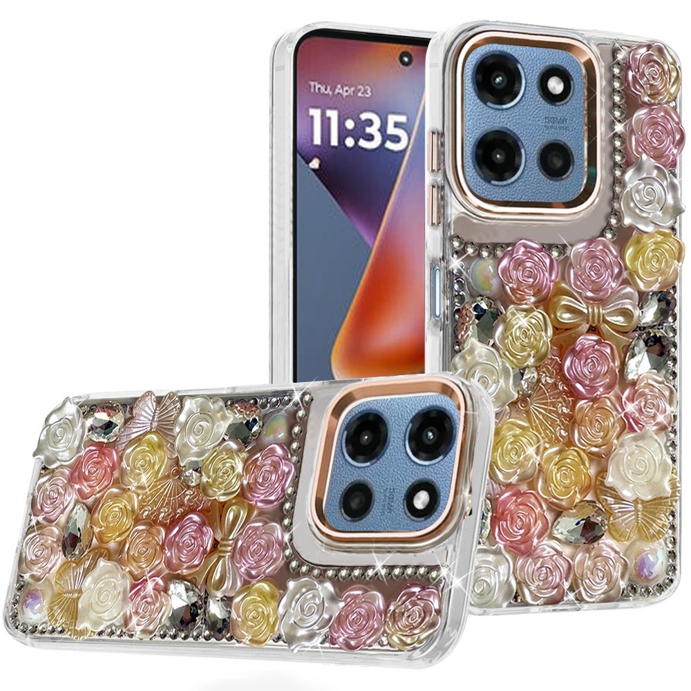 for moto g 5g 2025/2026 g play 2026 muti color floral bling stones ornaments case orange