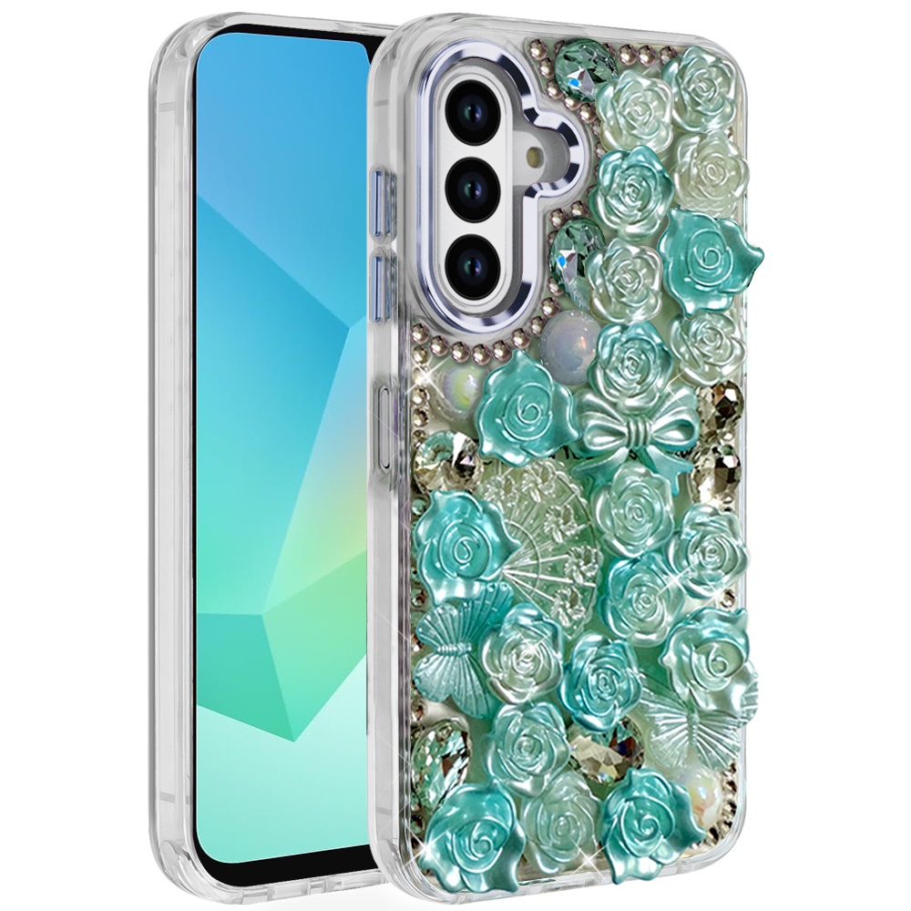 for samsung a16 5g muti color floral bling stones ornaments case blue