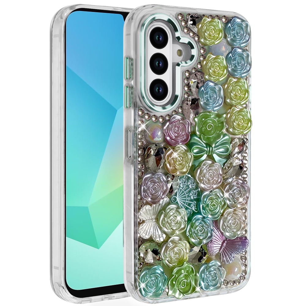 for samsung a16 5g muti color floral bling stones ornaments case green