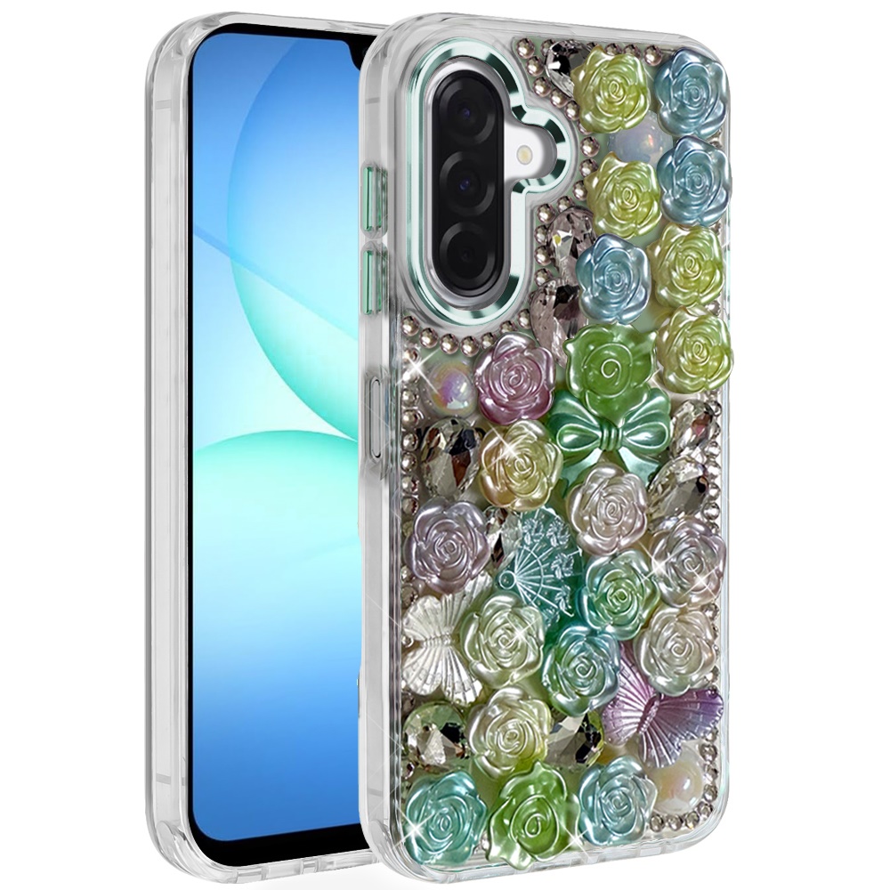 for samsung a17 5g muti color floral bling stones ornaments case green