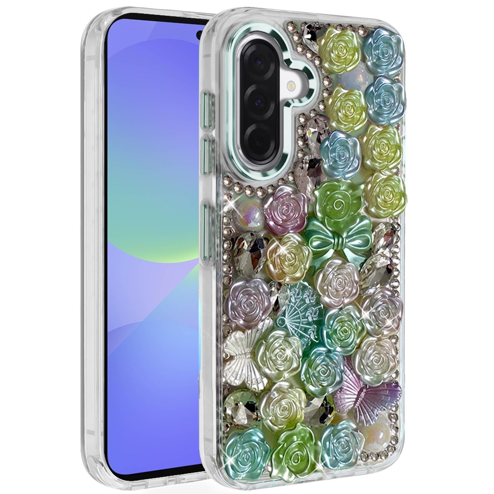 for samsung galaxy a37 muti color floral bling stones ornaments case green
