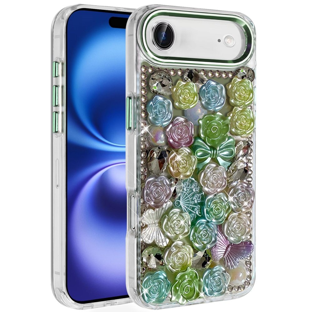 for iphone 17 air muti color floral bling stones ornaments case green