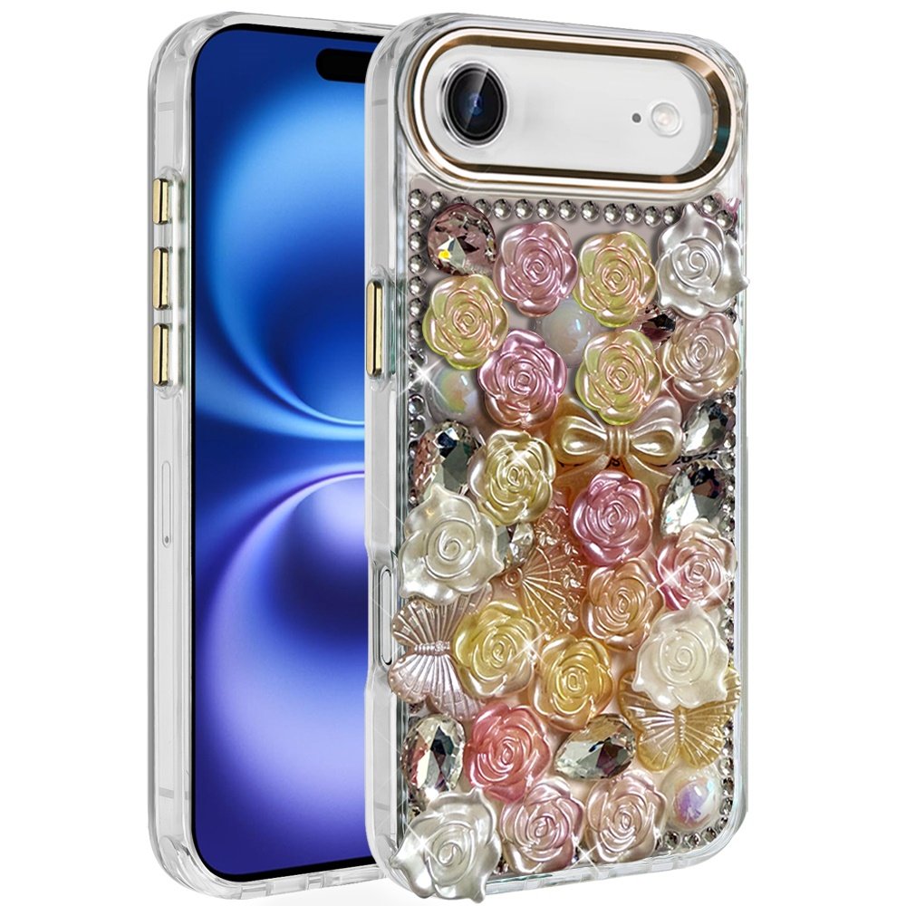 for iphone 17 air muti color floral bling stones ornaments case orange