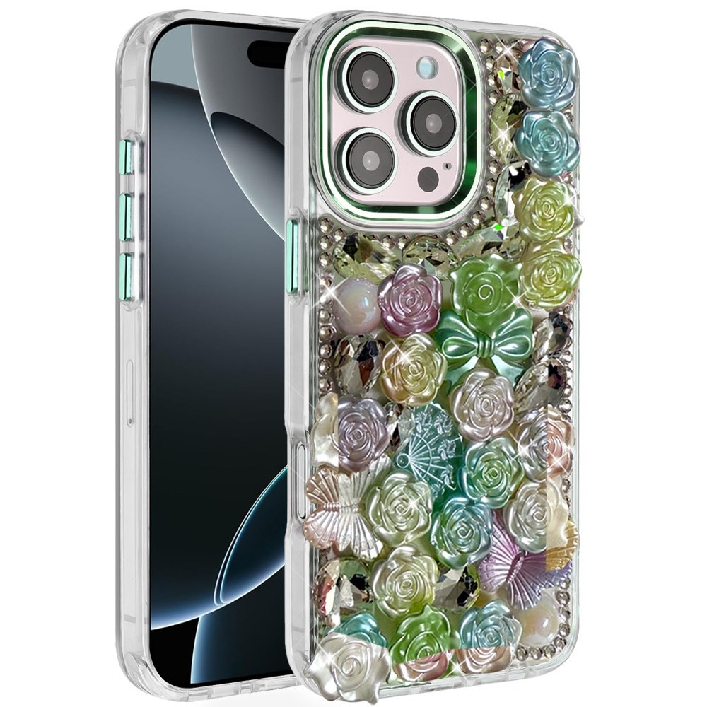 for iphone 16 pro max 6.9 muti color floral bling stones ornaments case green