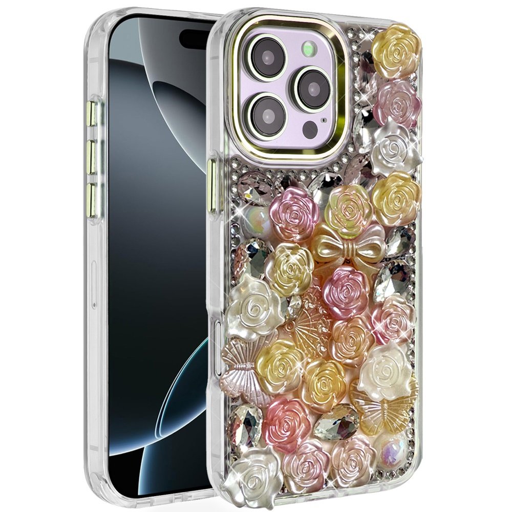 for iphone 16 pro max 6.9 muti color floral bling stones ornaments case orange