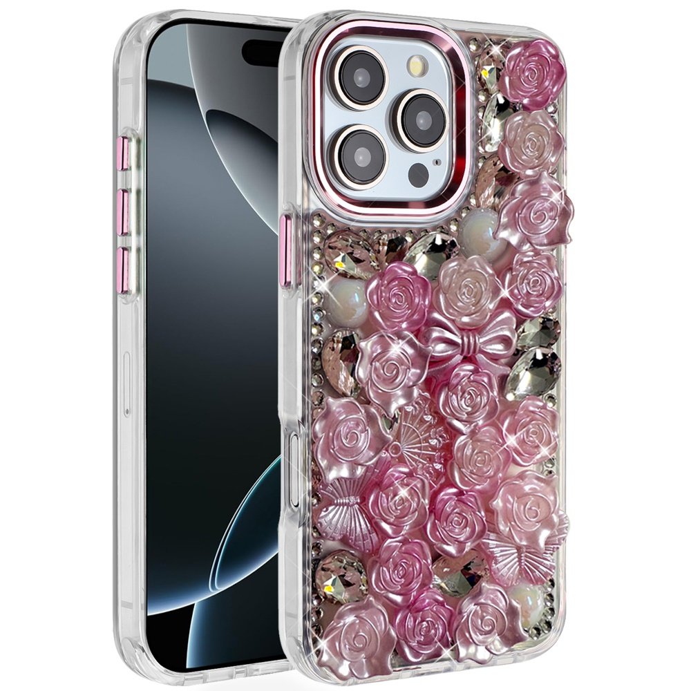 for iphone 16 pro max 6.9 muti color floral bling stones ornaments case pink