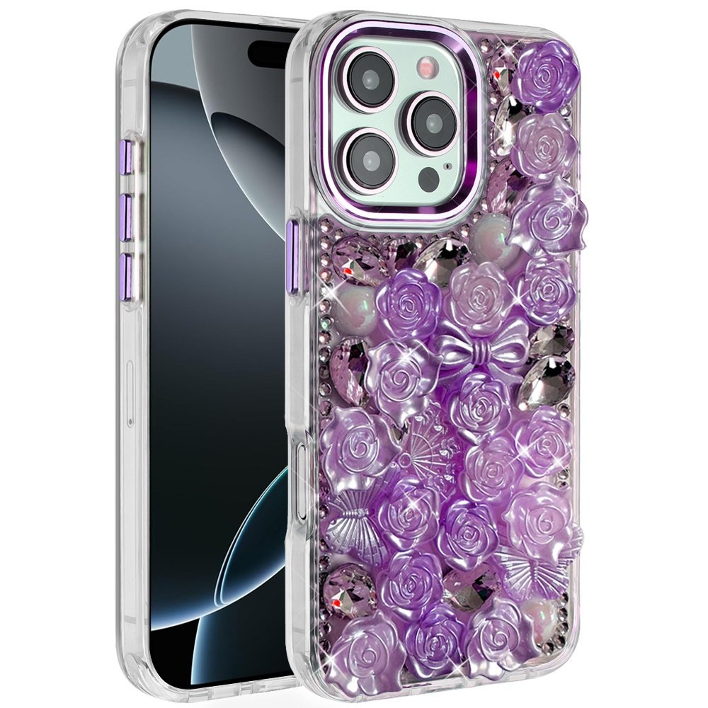 for iphone 16 pro max 6.9 muti color floral bling stones ornaments case purple