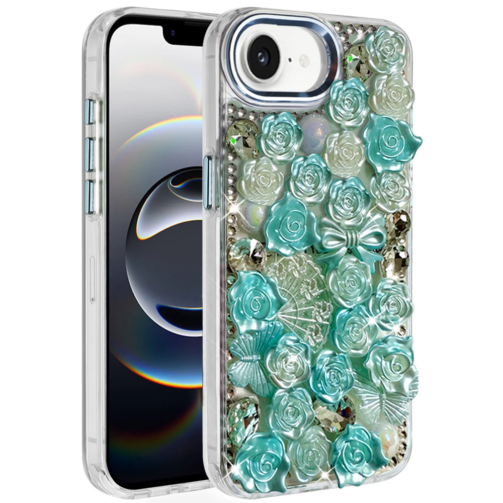 for iphone 17e / 16e / se4 muti color floral bling stones ornaments case blue