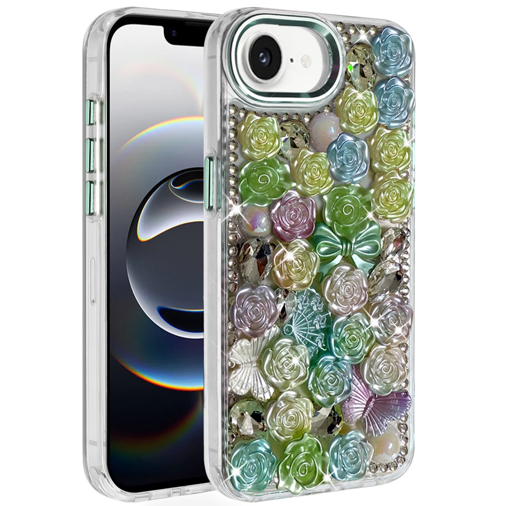 for iphone 17e / 16e / se4 muti color floral bling stones ornaments case green