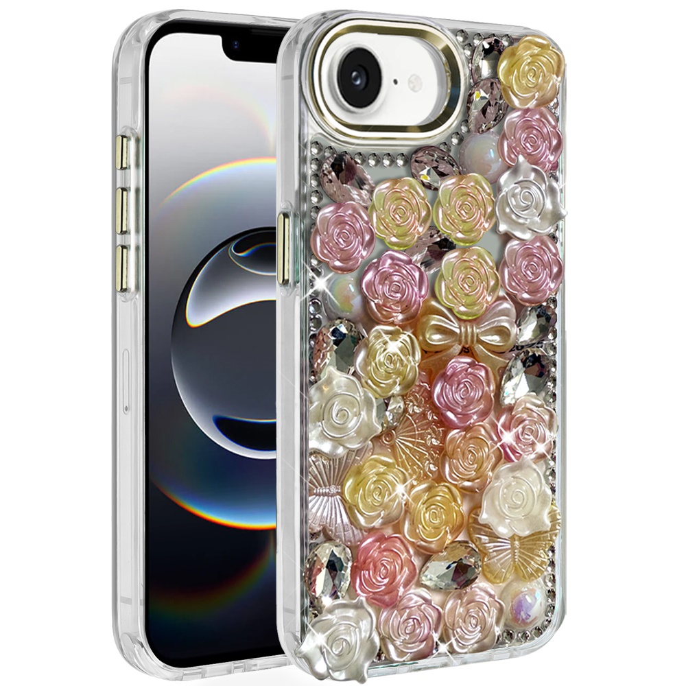 for iphone 17e / 16e / se4 muti color floral bling stones ornaments case orange