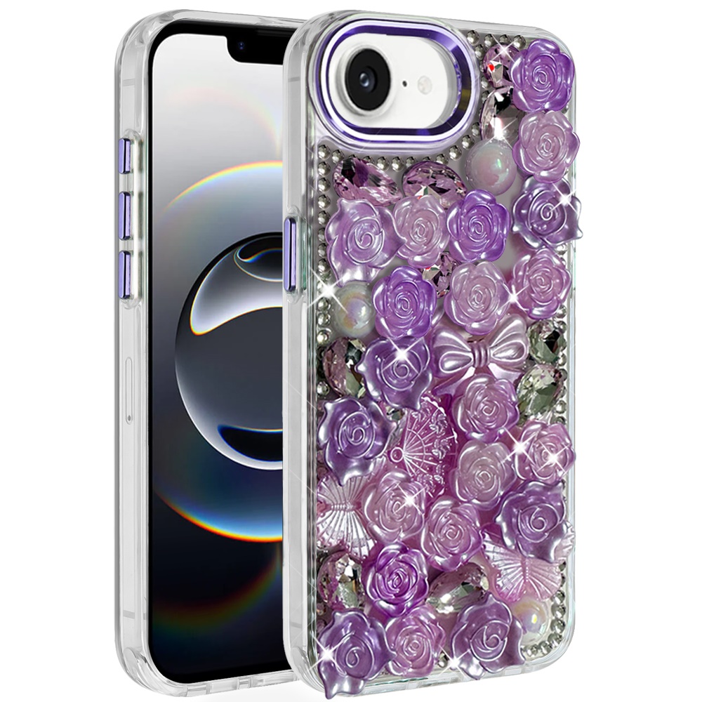 for iphone 17e / 16e / se4 muti color floral bling stones ornaments case purple